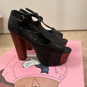Jeffrey Campbell Black Leather Peep-Toe Platform Sandals with Ankle Strap